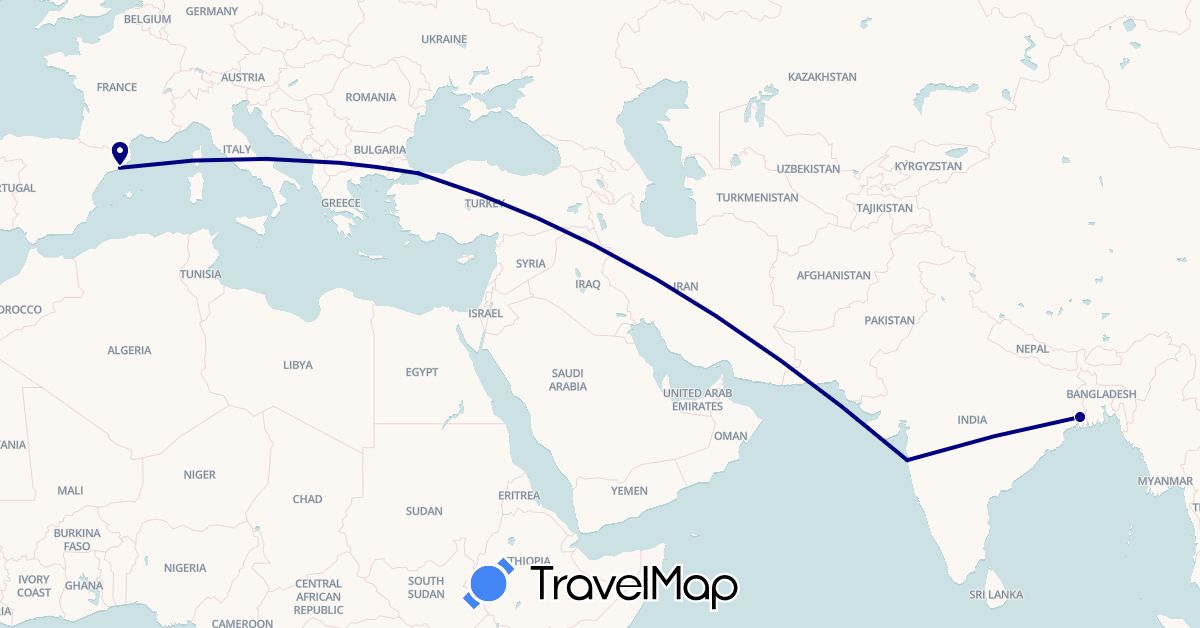 TravelMap itinerary: driving in Spain, India, Turkey (Asia, Europe)